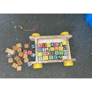 Vintage Wooden Alphabet Block Wagon Pull Toy Nursery Decor Rustic ABC Blocks